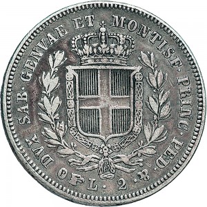 980R 2 lire 1843 Scudo sannitico Torino Argento