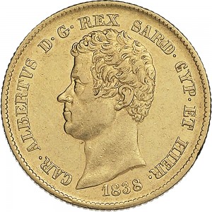 916D 20 lire 1838 Scudo sannitico Torino Oro