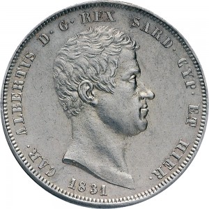 939D 5 lire 1831 Scudo sannitico 1° tipo Genova Argento