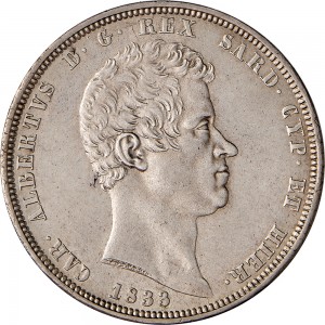 947D 5 lire 1833 Scudo sannitico 3° tipo Torino Argento