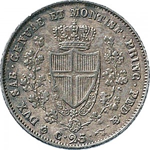 877R 25 centesimi 1829 Scudo triangolare rialzato Torino Argento