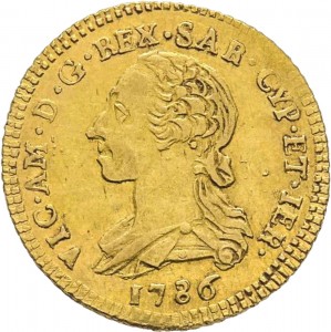 658D Doppietta da 10 reali 1786 Scudo ovale a cartoccio Torino Oro
