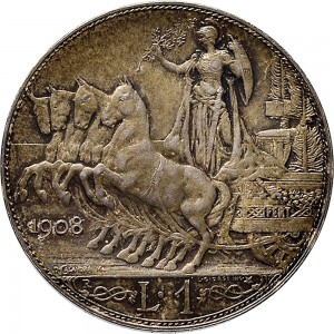 2616R 1 lira 1908 Italia su quadriga veloce 2° tipo Roma Argento Prova