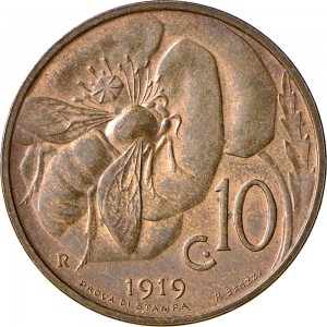 2644R 10 Centesimi 1919 Ape su fiore Roma Bronzo Prova