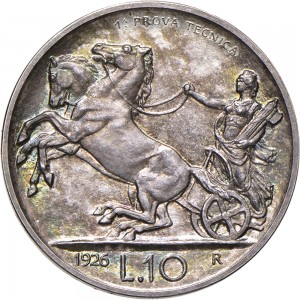2590R 10 lire 1926 Italia su biga briosa 2° tipo Roma Argento Prova