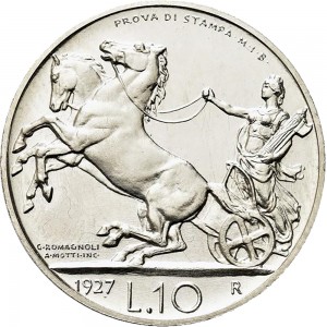 2594R 10 lire 1927 Italia su biga briosa Roma Argento Prova