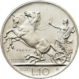 2593R 10 lire 1927 Italia su biga briosa Roma Argento Prova