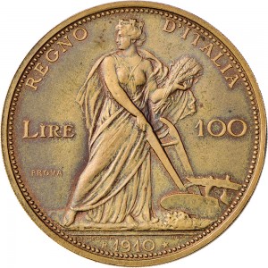 2566R 100 lire 1910 Italia aratrice Roma Bronzo dorato Prova