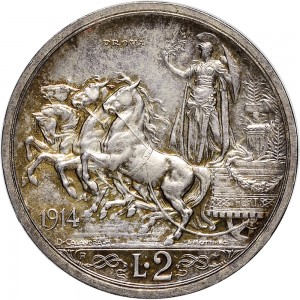 2611R 2 lire 1914 Italia su quadriga briosa Roma Argento Prova