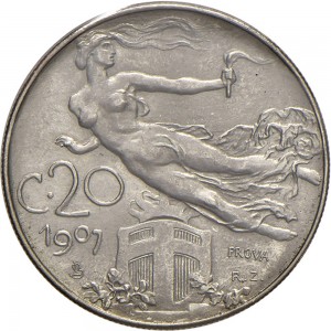 2632R 20 centesimi 1907 Libertà librata Roma Nichelio Prova
