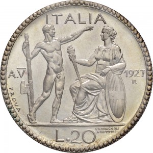 2579R 20 lire 1927 Anno V Littore e Italia genitrice Roma Argento Prova