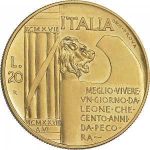 1762R 20 lire 1928 VI Fascio littorio Roma Oro