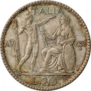 2581R 20 lire 1928 Anno VI Littore e Italia genitrice Roma Argento Prova