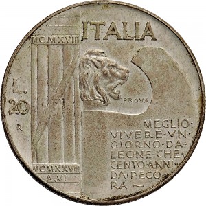 2587R 20 lire 1928 VI Fascio littorio 6° tipo Roma Argento Prova