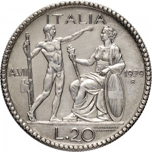 1348R 20 lire 1929 VII Giovane e Italia genitrice 1° tipo Roma Argento