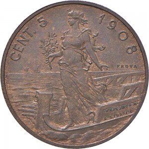 2645R 5 centesimi 1908 Italia marinara Roma Bronzo Prova
