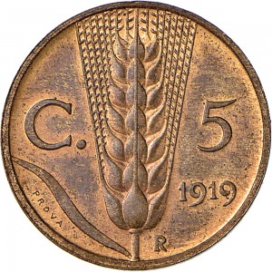 2652R 5 centesimi 1919 Spiga 5° tipo Roma Bronzo Prova