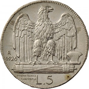 1299R 5 lire 1926 Aquila romana 1° tipo Roma Argento Prova
