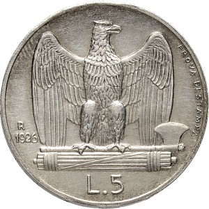 2605R 5 lire 1926 Aquila romana 3° tipo Roma Argento Prova
