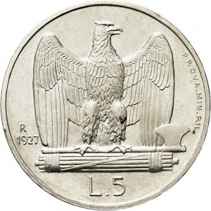 2606R 5 lire 1927 Aquila romana 3° tipo Roma Argento Prova