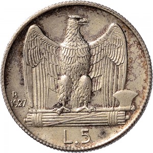 2608R 5 lire 1927 Aquila romana 4° tipo Roma Argento Prova