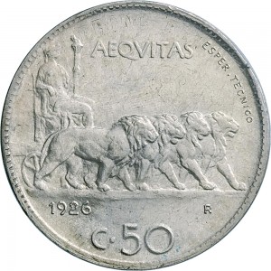 2630R 50 centesimi 1926 Giustizia su quadriga di leoni 2° tipo Roma Argento Prova