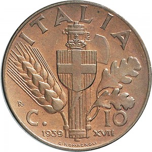 1660R 10 Centesimi 1939 XVII Scudo semirotondo 1° tipo Roma Rame