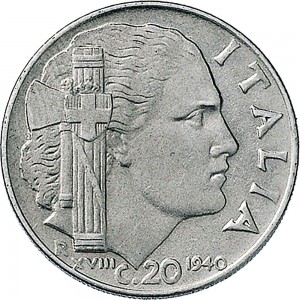 1653R 20 centesimi 1940 XVIII Italia fascista 2° tipo Roma Acmonital