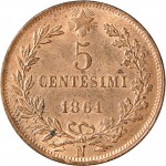 1228R 5 centesimi 1861 Valore entro semicorona di alloro e quercia Napoli Rame
