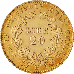1093R 20 lire 1860 Valore entro semicorona di alloro Bologna Oro