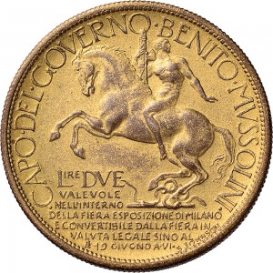1690R Gettone da 2 lire 1928 Littore Johnson (Milano) Bronzo dorato
