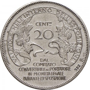 1679R Gettone da 20 centesimi 1906 Esposizione di Milano Johnson (Milano) Argento