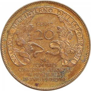 1680R Gettone da 20 centesimi 1906 Esposizione di Milano Johnson (Milano) Bronzo