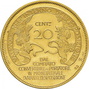 1678R Gettone da 20 centesimi 1906 Esposizione di Milano Johnson (Milano) Oro