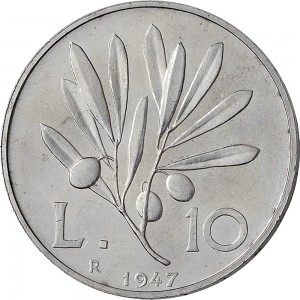 1870R 10 lire 1947 Ramo di ulivo Roma Alluminio