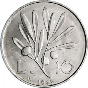 1871R 10 lire 1947 Ramo di ulivo Roma Alluminio