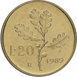2127R 20 lire 1989 Ramo di quercia 2° tipo Roma Bronzital
