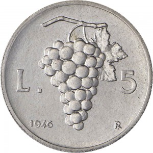 1876R 5 lire 1946 Ramo di vite Roma Alluminio