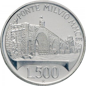 2456R 500 lire 1991 Ponte Milvio Roma Argento