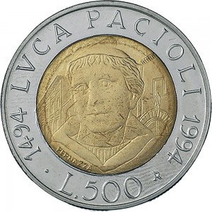 1894R 500 lire 1994 Luca Pacioli Roma Acmonital e Bronzital