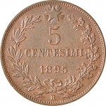 1298R 5 centesimi 1895 Valore entro semicorona di alloro e quercia Roma Rame
