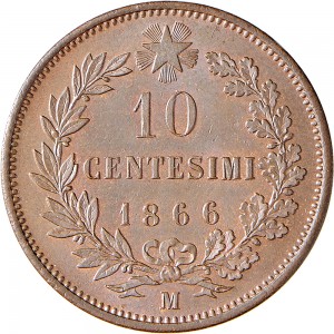 1214R 10 Centesimi 1866 Valore entro semicorona di alloro e quercia 2° tipo Milano Rame