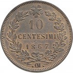 1221R 10 Centesimi 1867 Valore entro semicorona di alloro e quercia 2° tipo Bruxelles Rame