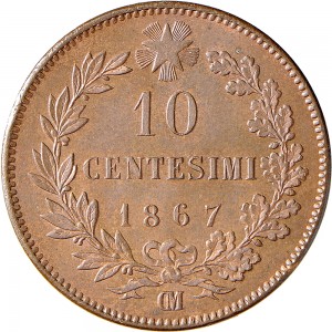 1223R 10 Centesimi 1867 Valore entro semicorona di alloro e quercia 2° tipo Parigi Rame