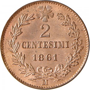 1232R 2 centesimi 1861 Valore entro semicorona di alloro e quercia Milano Rame