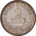 1179R 2 lire 1863 Valore su due rami di alloro 3° tipo Napoli Argento