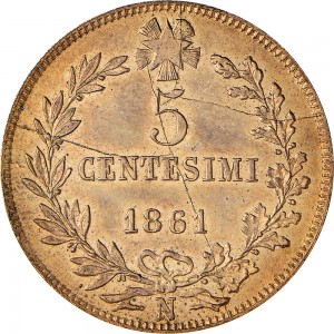 1227R 5 centesimi 1861 Valore entro semicorona di alloro e quercia Napoli Rame