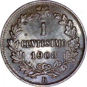 1568R 1 centesimo 1908 Valore entro semicorona di alloro e quercia Roma Rame