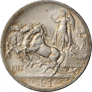 1434R 1 lira 1917 Italia su quadriga briosa Roma Argento