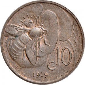 1499R 10 Centesimi 1919 Ape su fiore Roma Rame